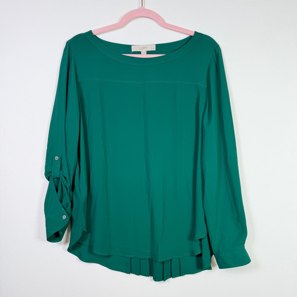 LOFT Green Pleated Back Roll Tab Sleeve Blouse LP